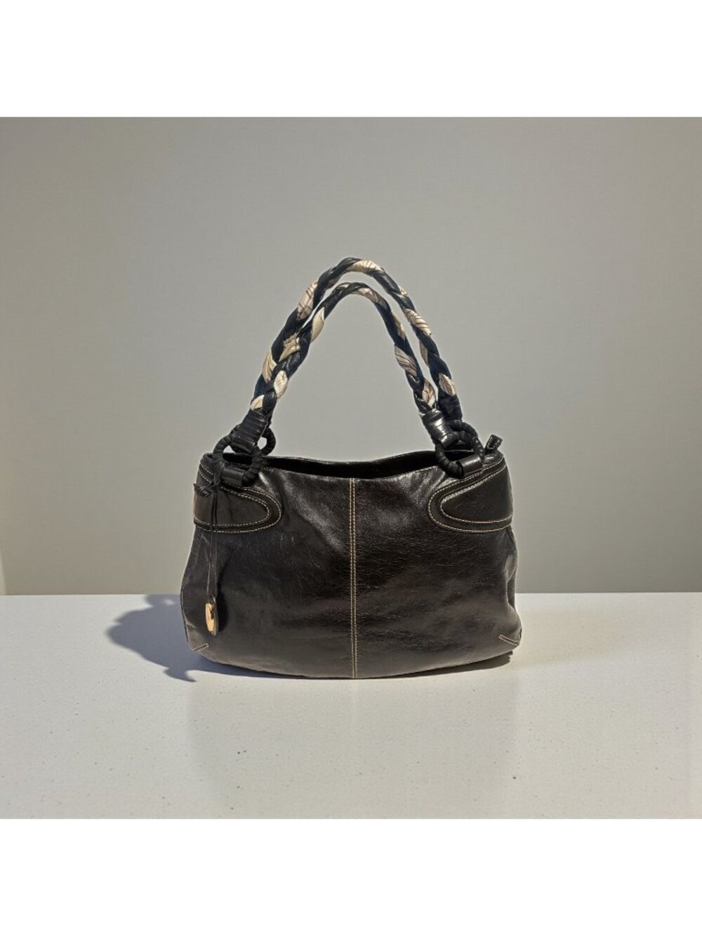 Francesco Biasia Braided Handle Hobo Black Glazed Leather Shoulder Bag Boho